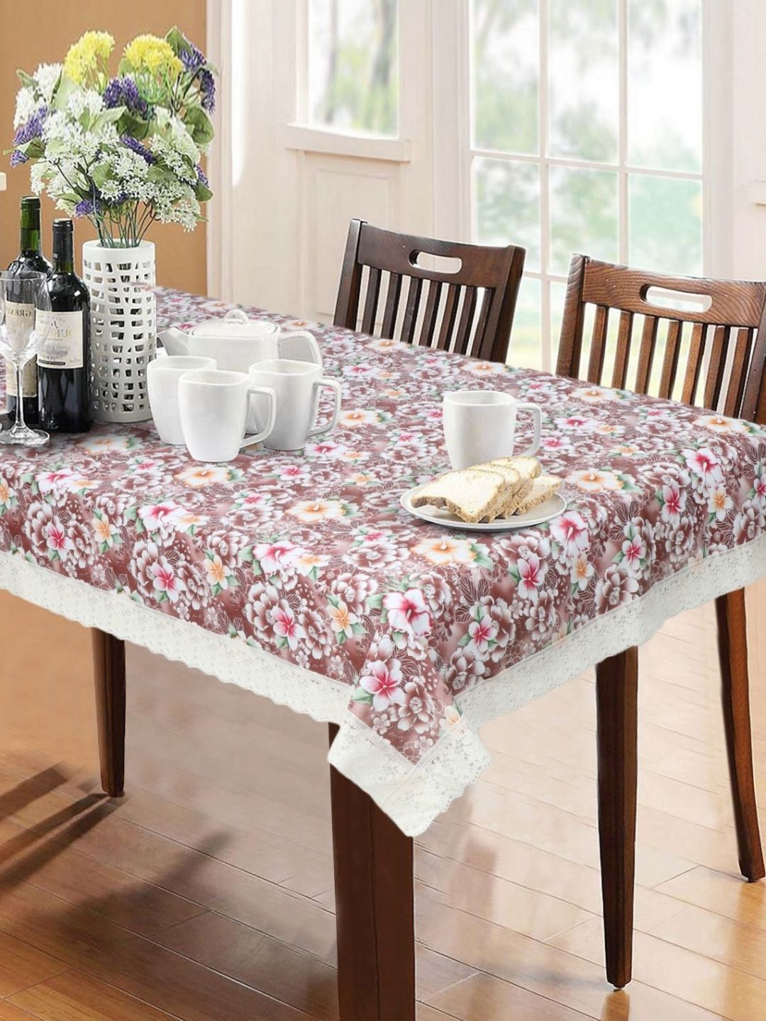 LooMantha Brown & White Floral Printed 6 Seater Table Cover