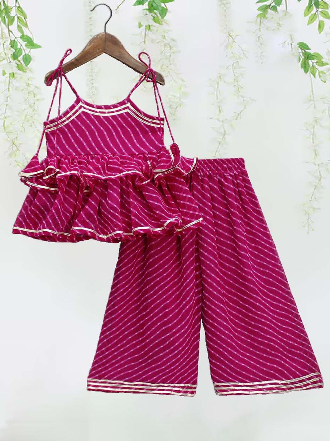 Girls Printed Shoulder Straps Gotta Patti Anarkali Kurti with Palazzos 2
