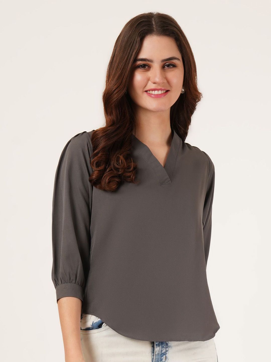 Brownverse Women Solid Mandarin Collar Top