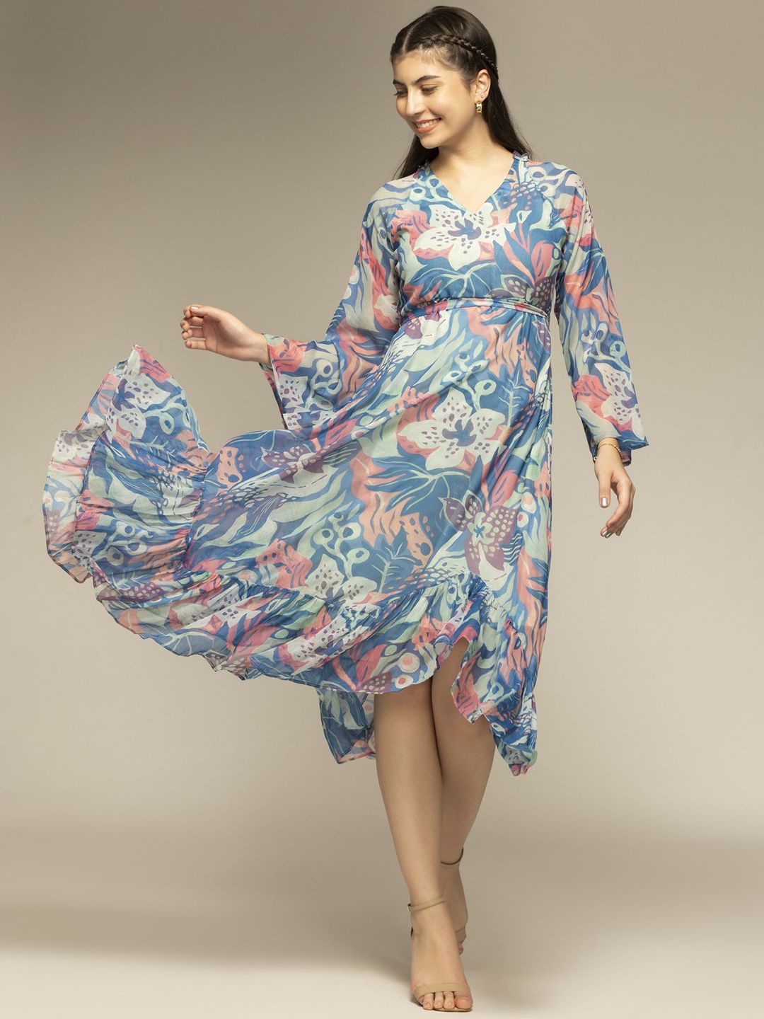 OCTICS Women Floral Print Chiffon Fit & Flare Midi Dress