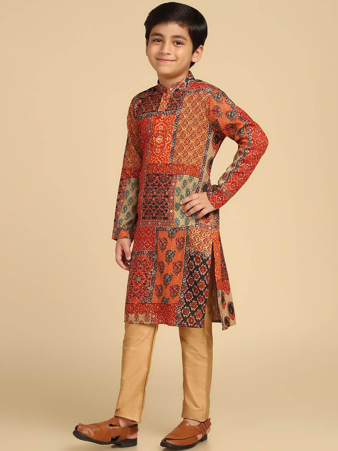 KISAH Boys Geometric Printed Long Sleeves Regular Cotton Blend Straight Kurta