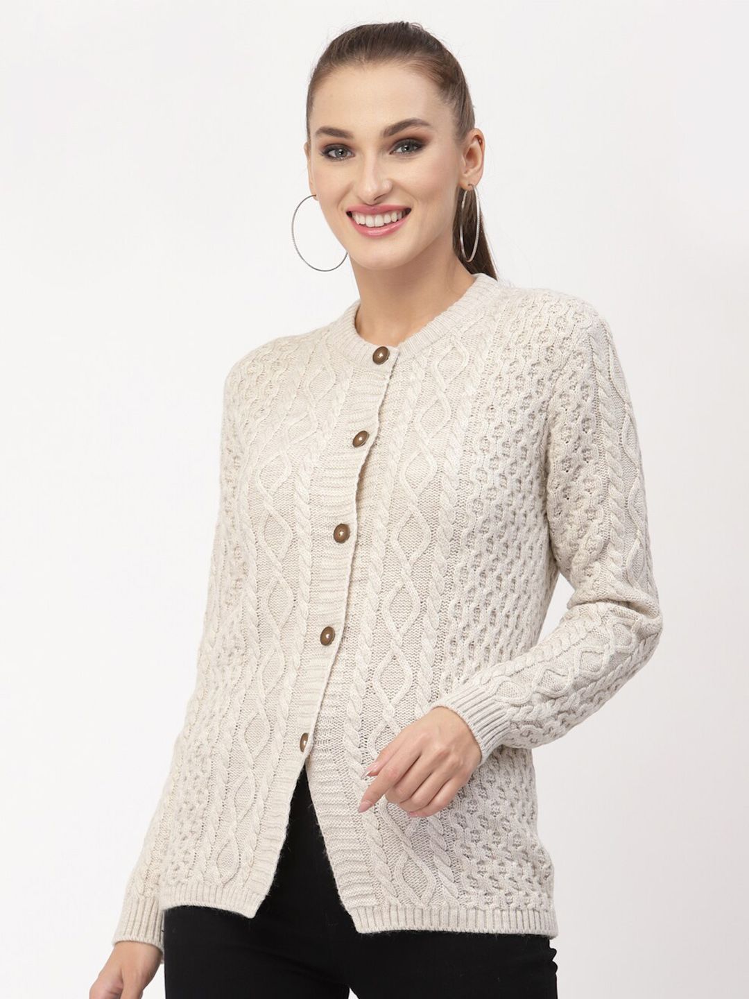 Kalt Women Beige Cable Knit Cardigan