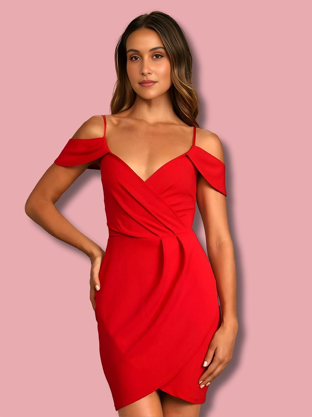 ZELZIS Women Red Solid Sleeveless Party & Casual Above Knee Tulip Crepe Bodycon Dress