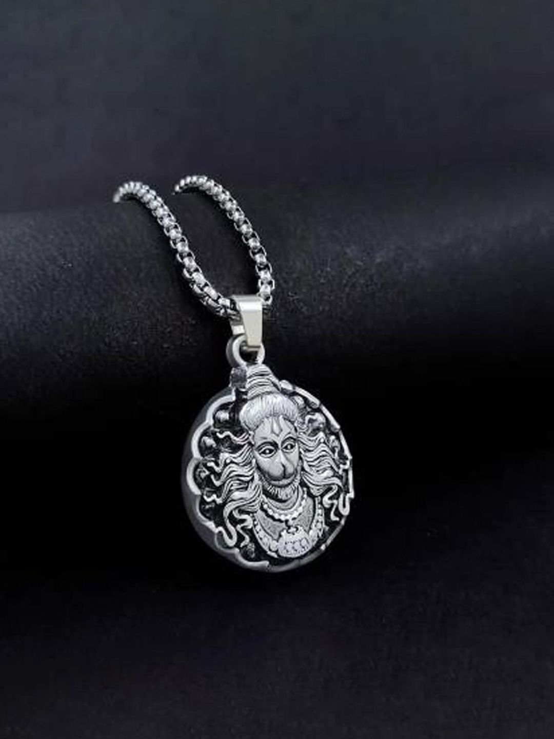 Krelin Men Stainless Steel Silver-Plated Circular Hanuman Ji Pendant With Chain