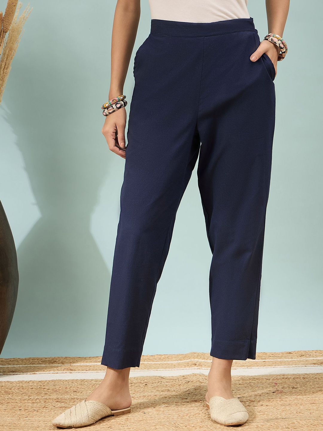 DIVASTRI Women Regular Fit Mid-Rise Pure Cotton Trousers