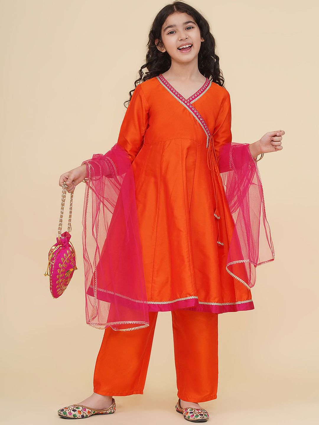 Girls Floral Yoke Design Zari Angrakh Kurta With Trousers & Dupatta 7