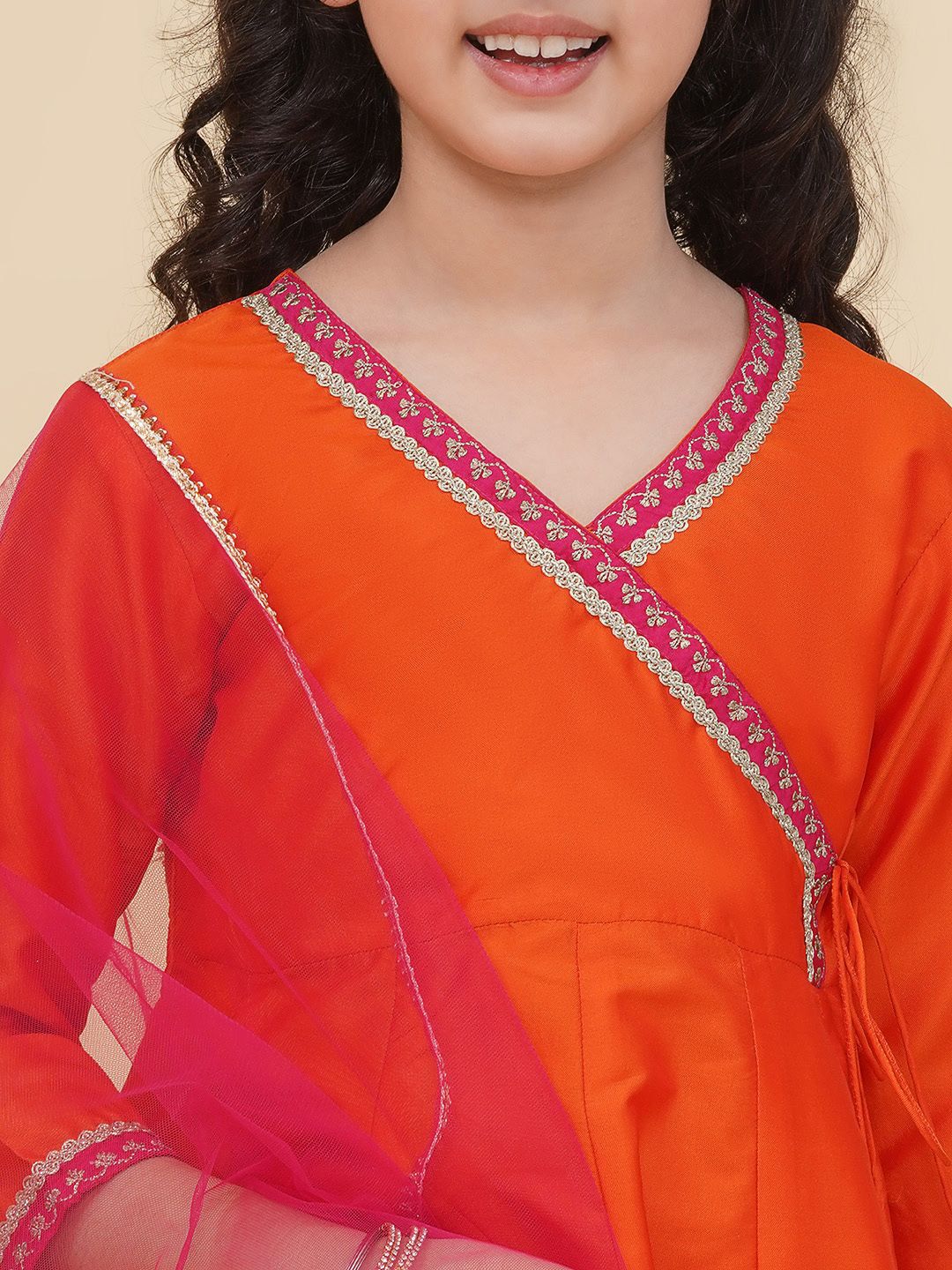Girls Floral Yoke Design Zari Angrakh Kurta With Trousers & Dupatta 2