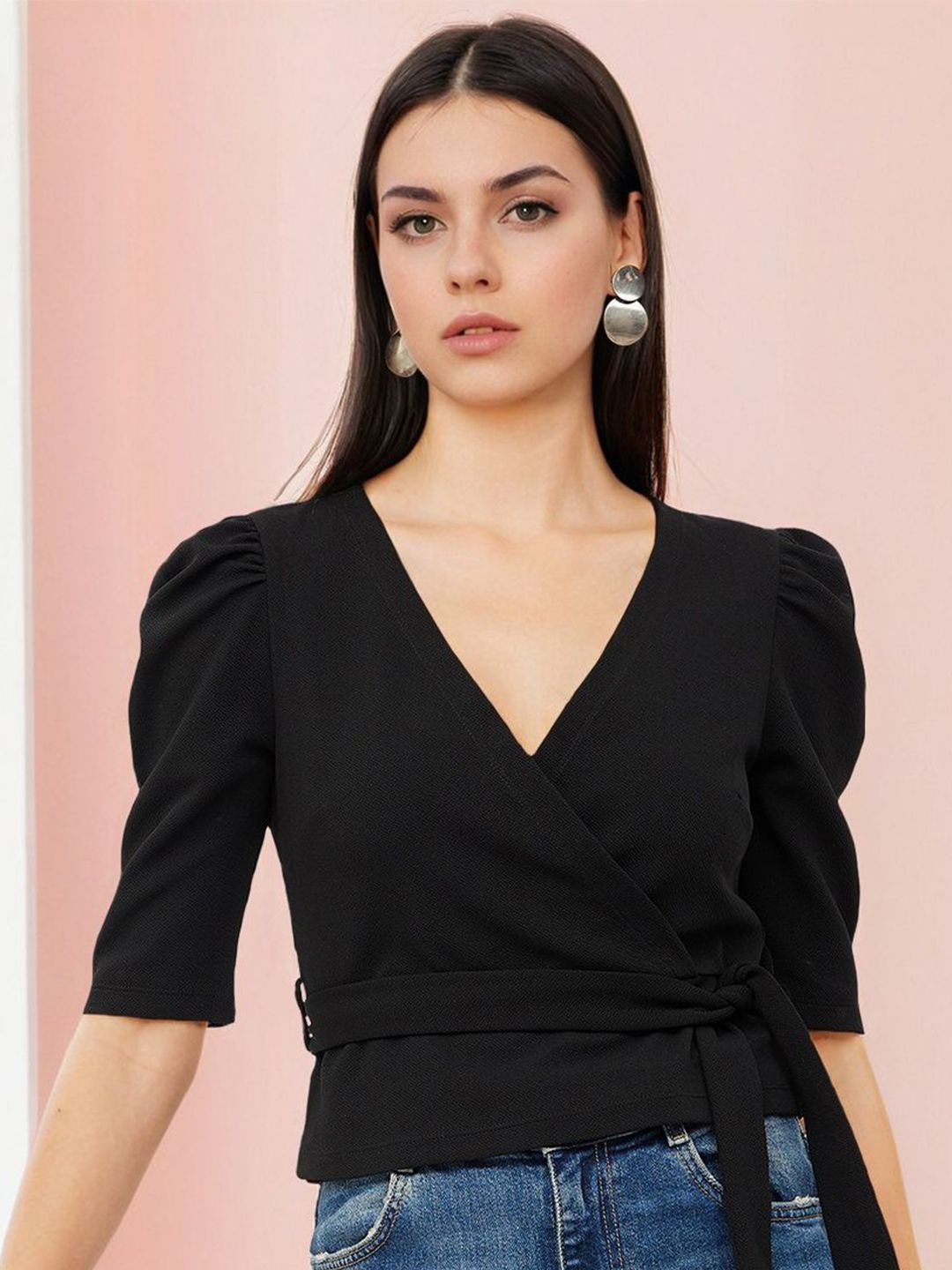 Stylecast X Slyck Puff Sleeve Wrap Crop Top