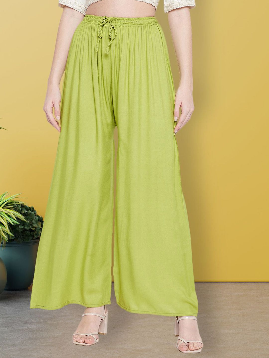 all about you Women Solid Parrot Green Comfort Loose Fit Wide Leg Trousers