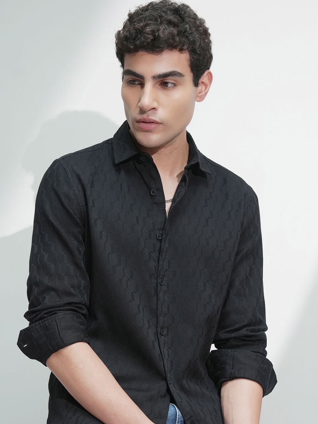 HIGHLANDER Men Comfort Relaxed Fit Textured Spread Collar Cotton Casual Shirt