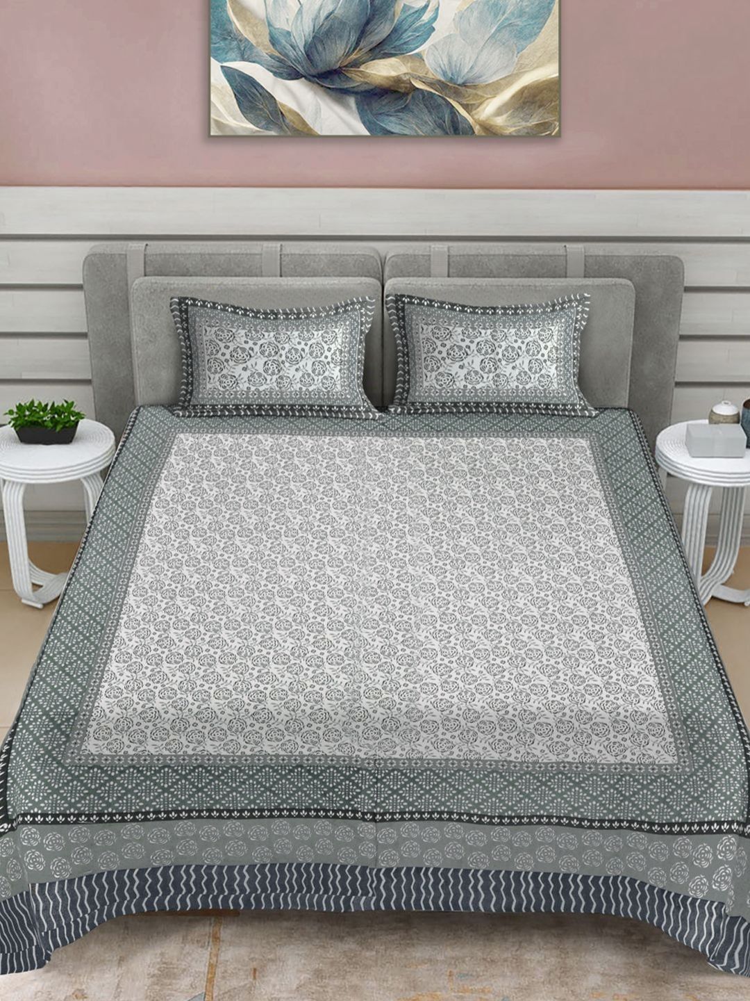 Myntra Elegant Homes Grey Printed Pure Cotton 300 TC King Bedsheet Set 2.7 m x 2.5 m