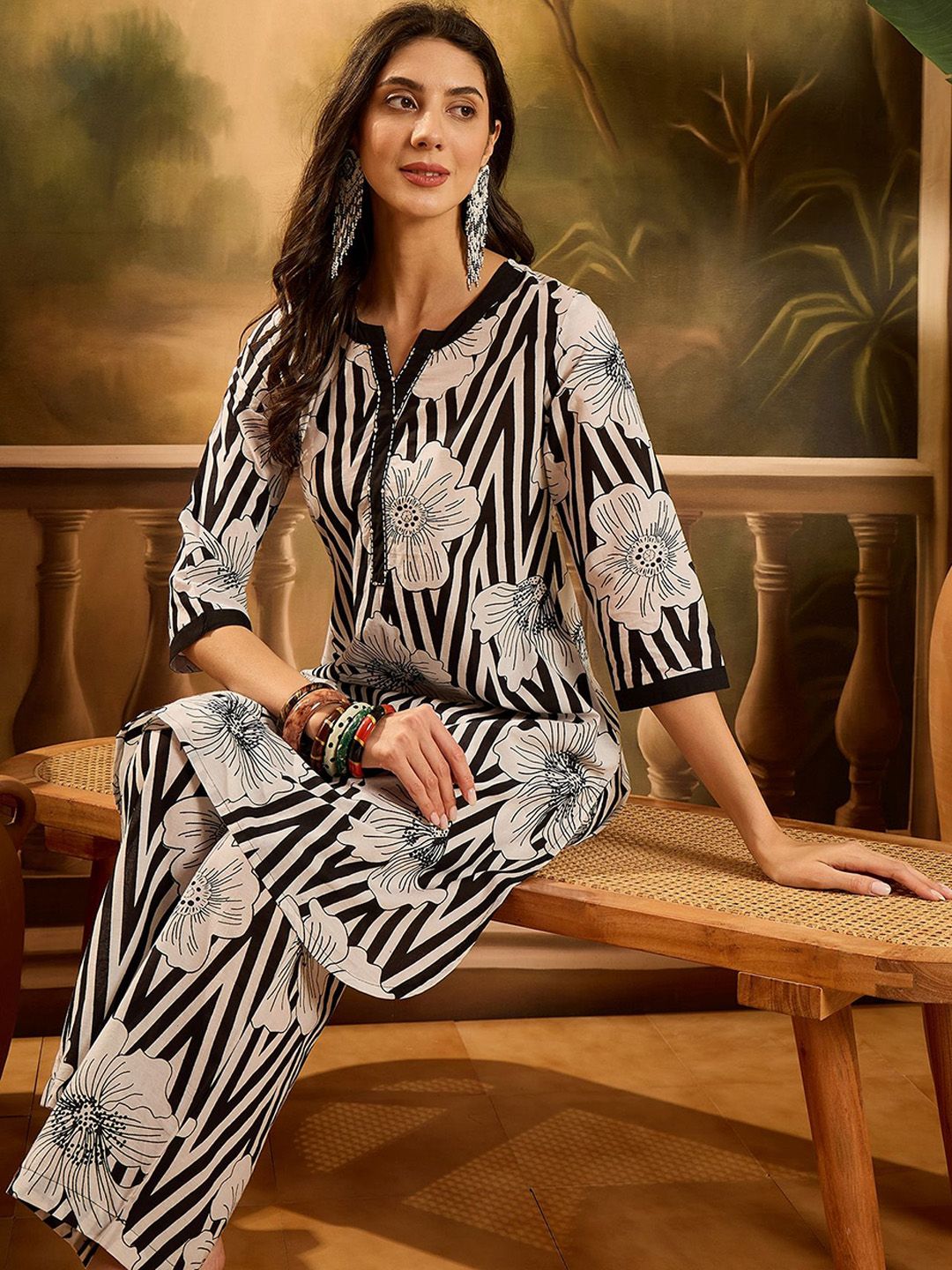 Sangria Striped & Floral Printed Cotton Tunic & Trousers Co-Ords
