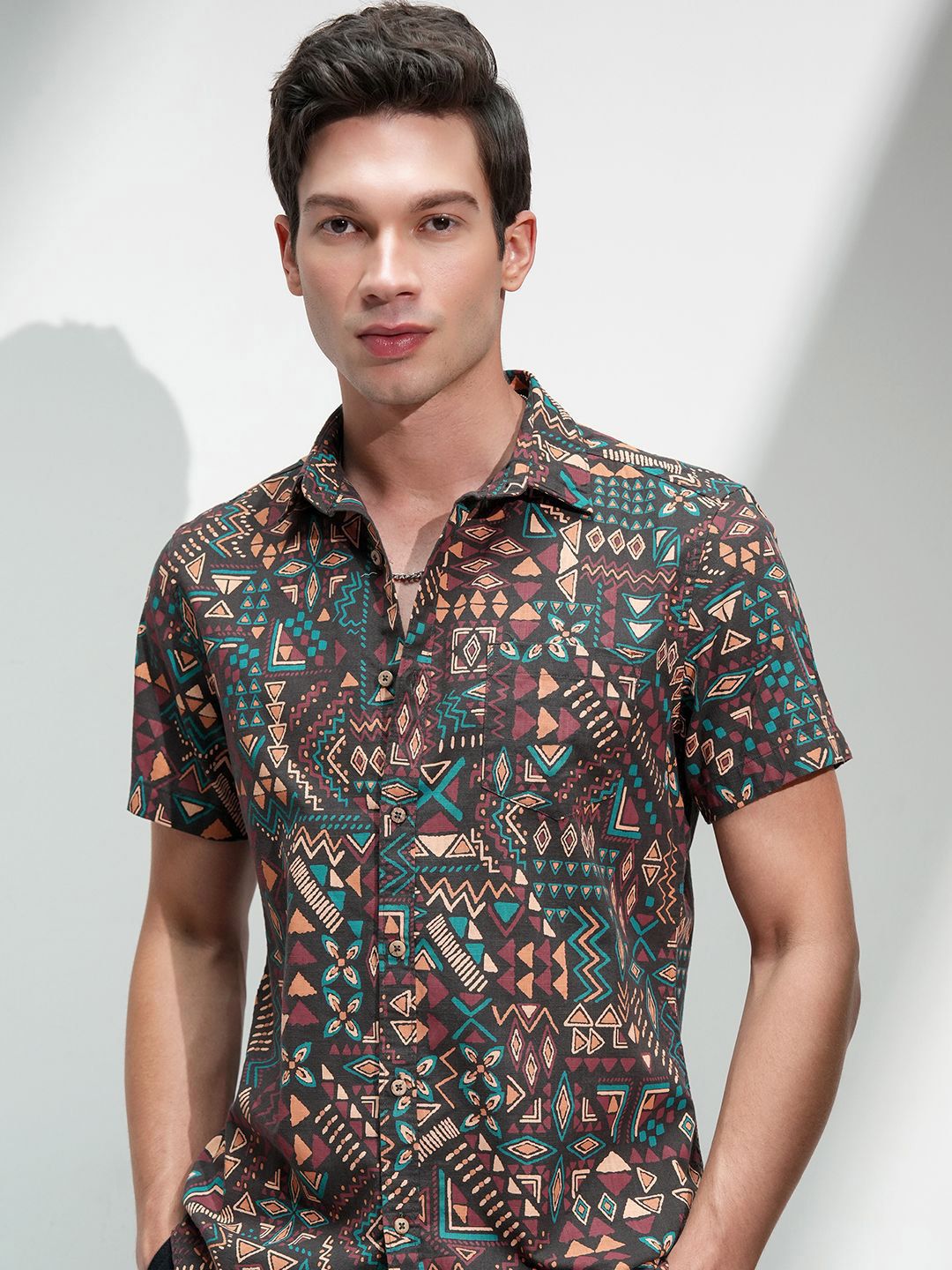 HIGHLANDER Men Comfort Slim Fit Geometric Printed Spread Collar Cotton Casual Shirt