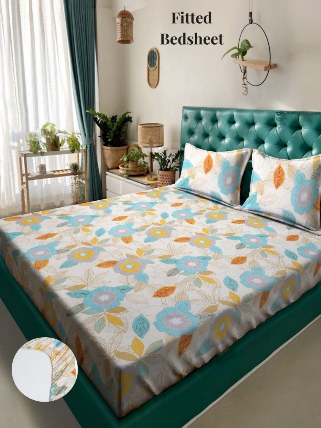 Buy Aura White Floral Polycotton 300 TC Fitted King Superfine Bedsheet With 2 Pillow Covers 250 X 215 Cm -  - Home for Unisex