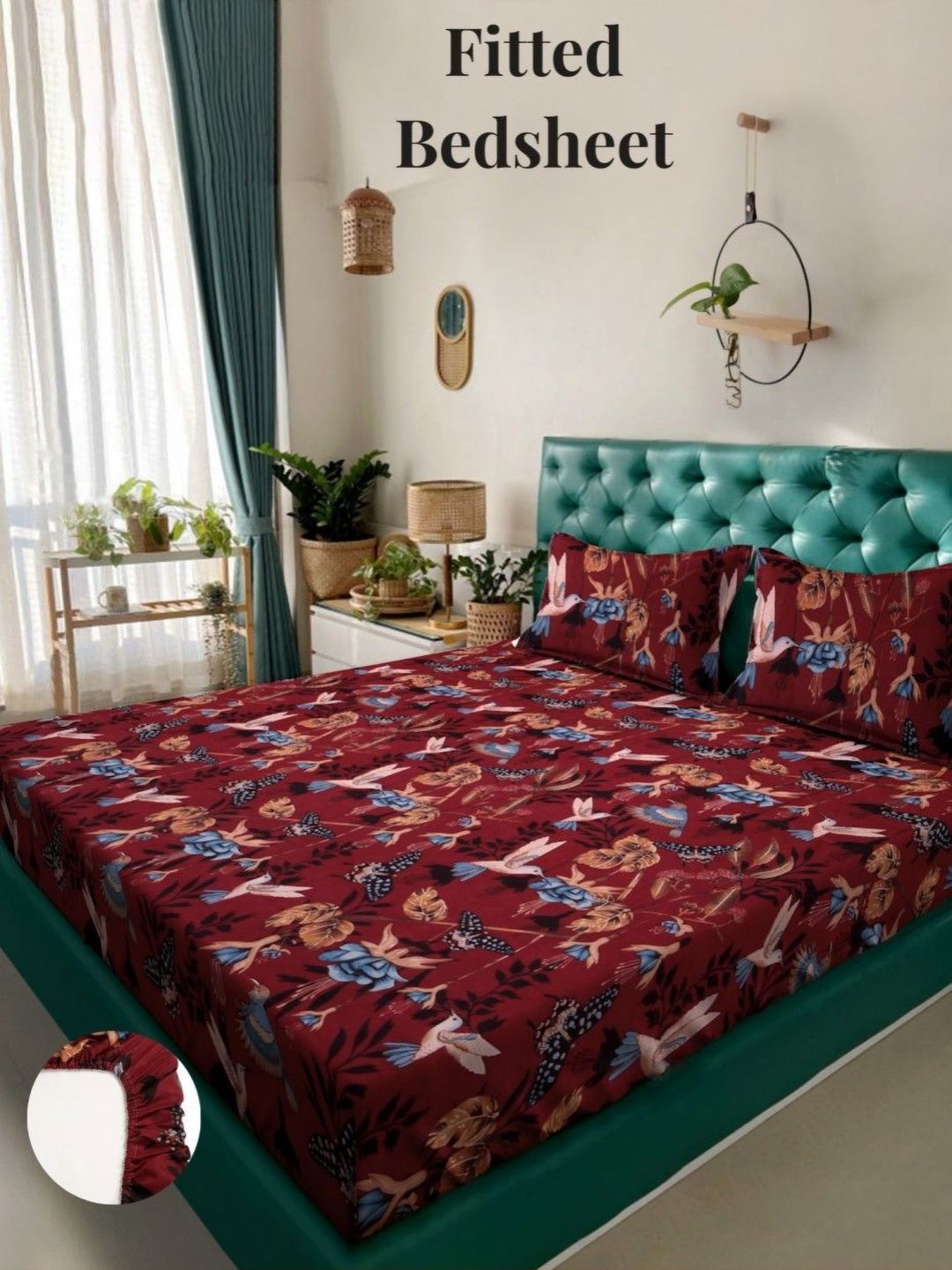 Buy Aura Maroon Floral Cotton 300 TC Fitted King Superfine Bedsheet With 2 Pillow Covers 250 X 215 Cm -  - Home for Unisex