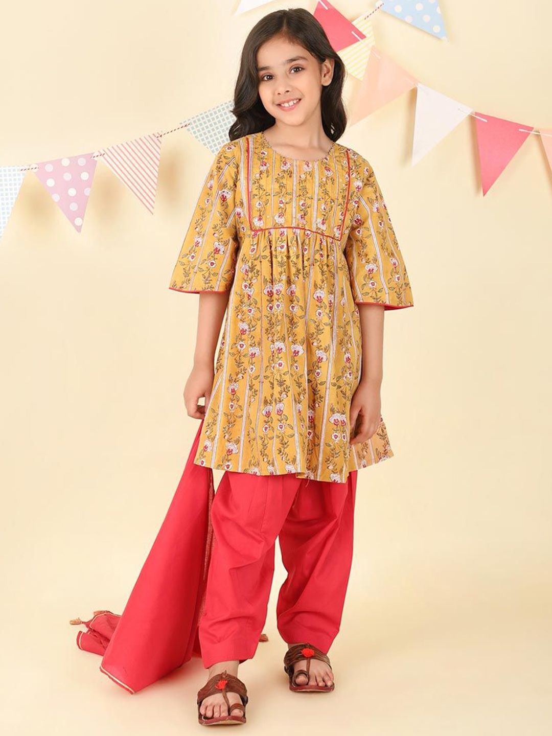 Fabindia Girls Floral Printed Pure Cotton A-Line Kurta With Salwar & Dupatta