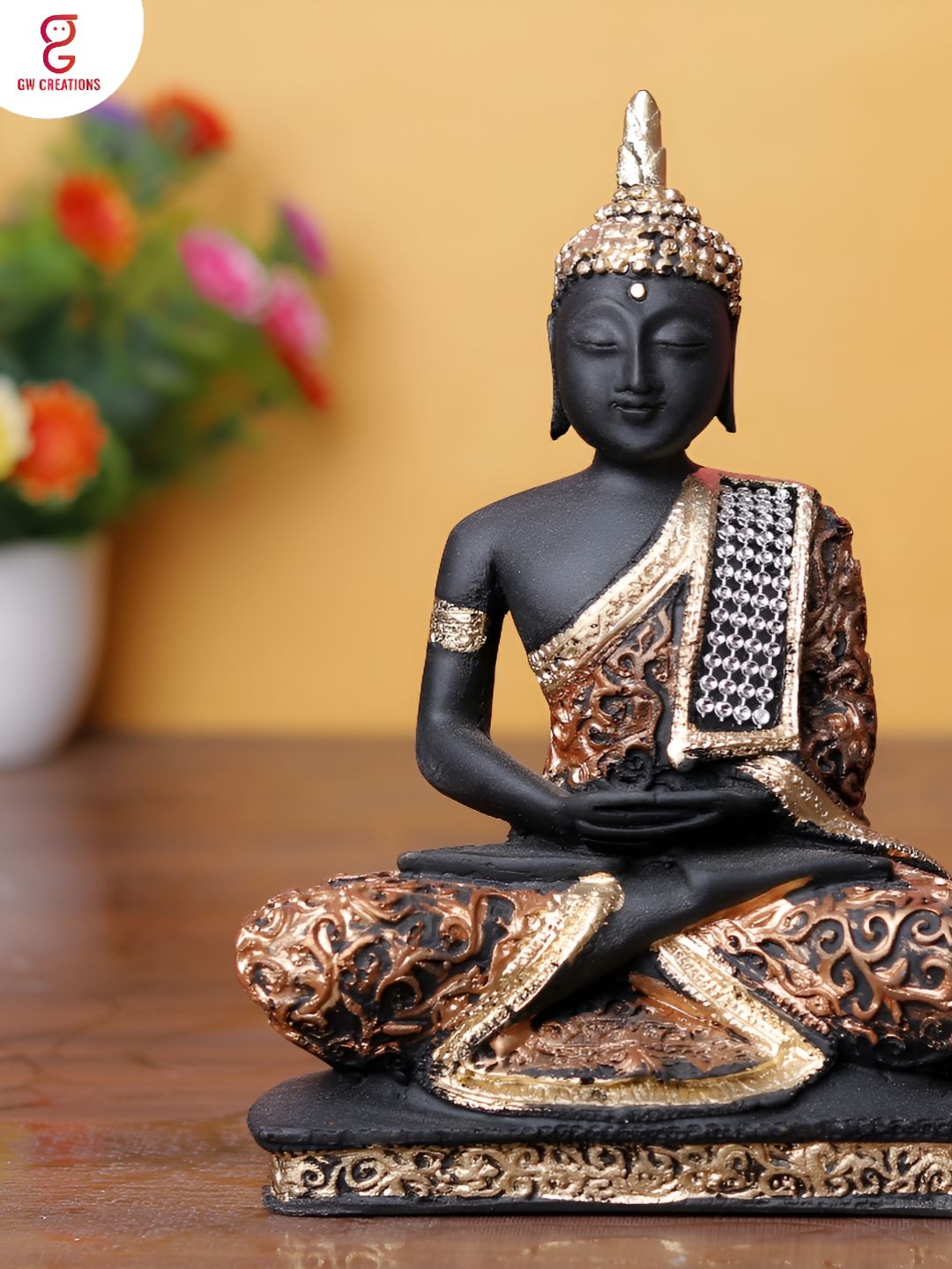 GW CREATIONS Lord Gautam Buddha Copper Polyresin Matte Living Room Medium Showpiece - 2 Inches