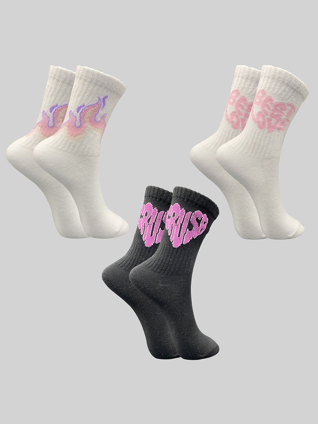 TRAZO Women Pack Of 3 Patterned Printed Calf Length Socks