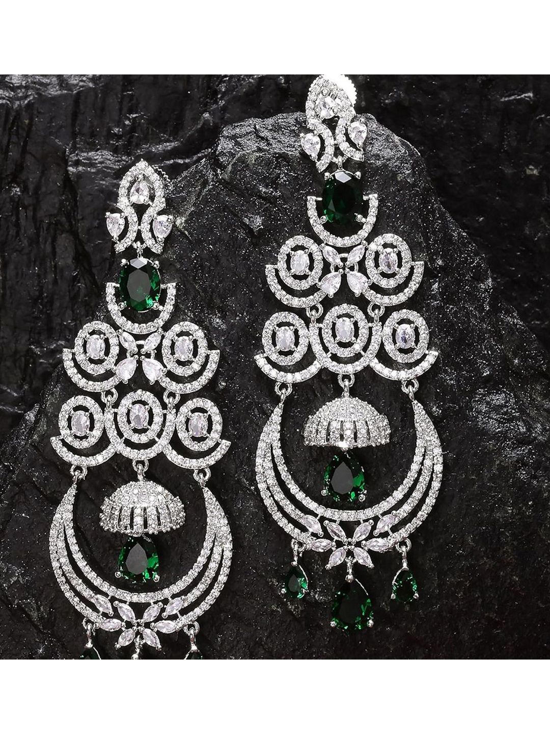 Gemron Jewel Rhodium-Plated American Diamond Studded Contemporary Drop Earrings