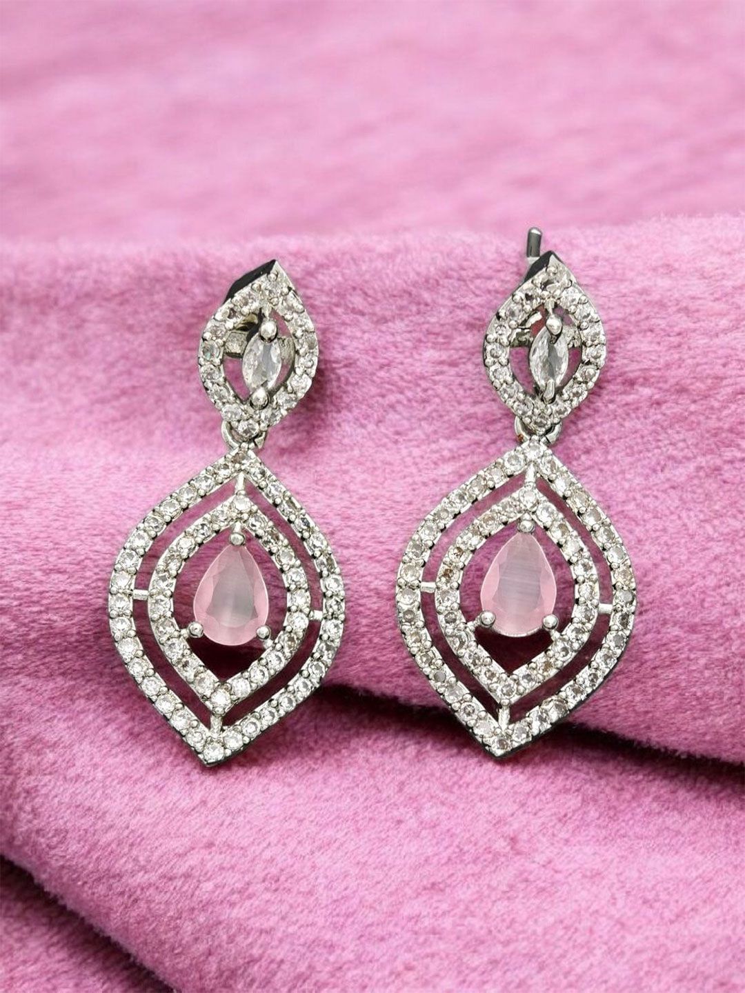 Gemron Jewel Rhodium-Plated American Diamond Studded Contemporary Drop Earrings