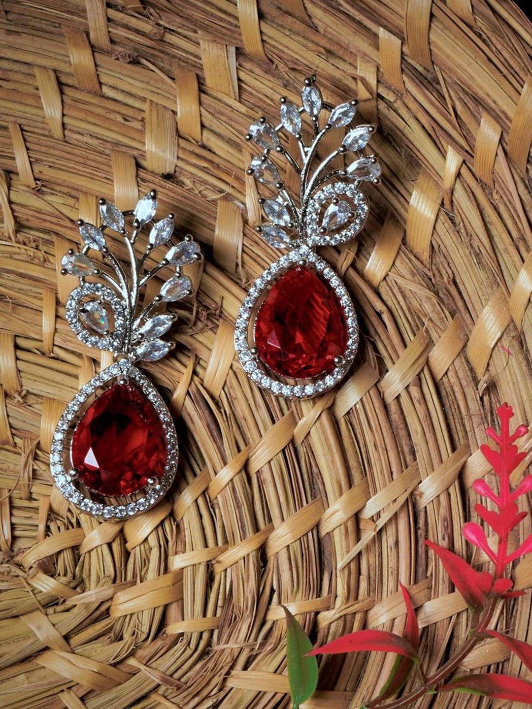 Gemron Jewel  Rhodium-PlatedCubic Zirconia Studded Contemporary Drop Earrings