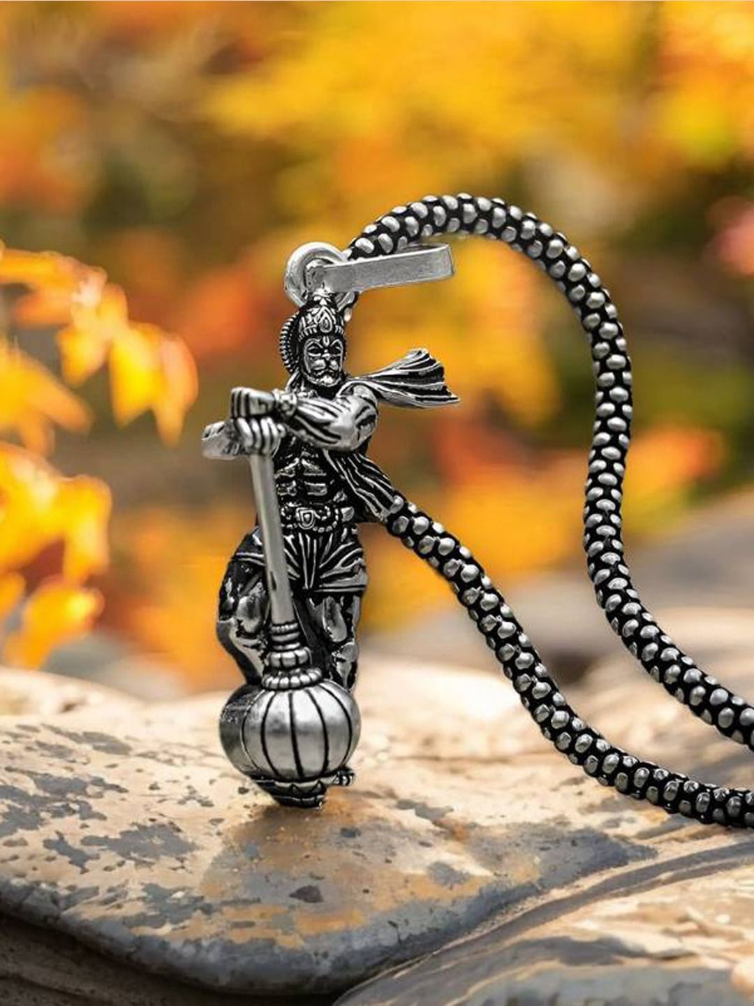 KRENOZ Silver-Plated Hanuman Pendant & Chain