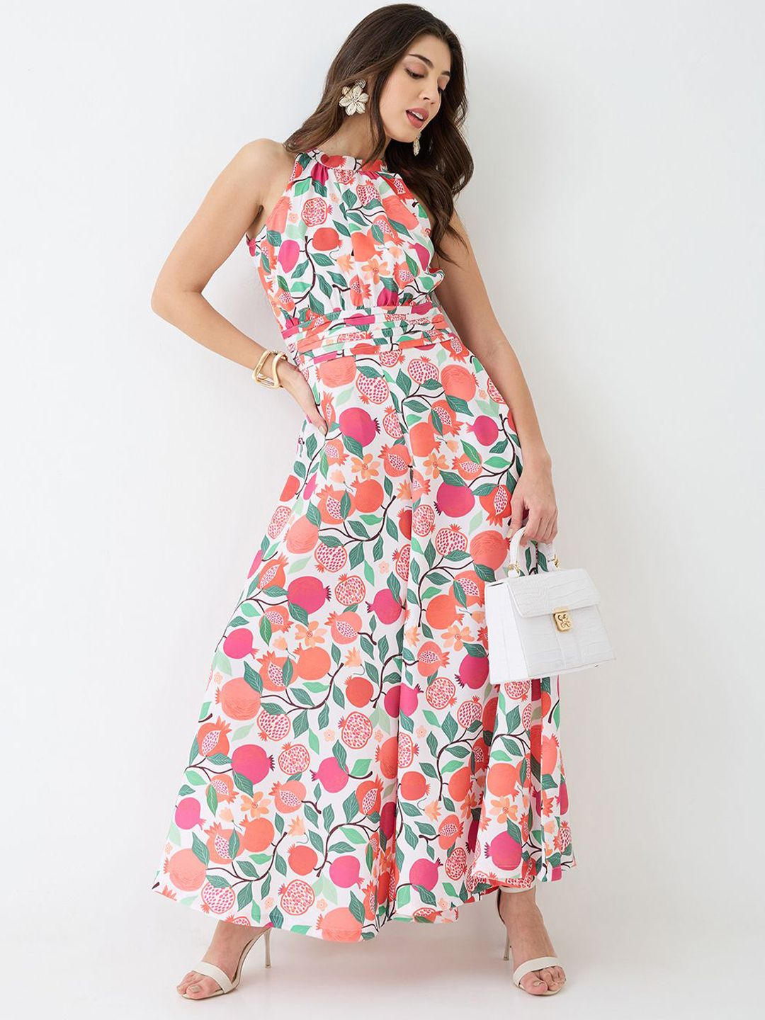 Globus Pink Floral & Fruit Print Halter Neck Pleated Detail Flared Fusion Jumpsuit