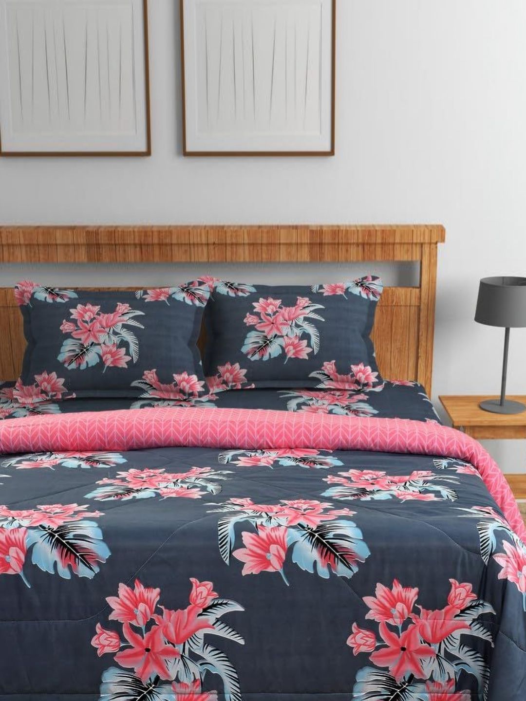 Florida Blue & Pink Floral Printed Cotton 4 Piece Double King Bedding Set