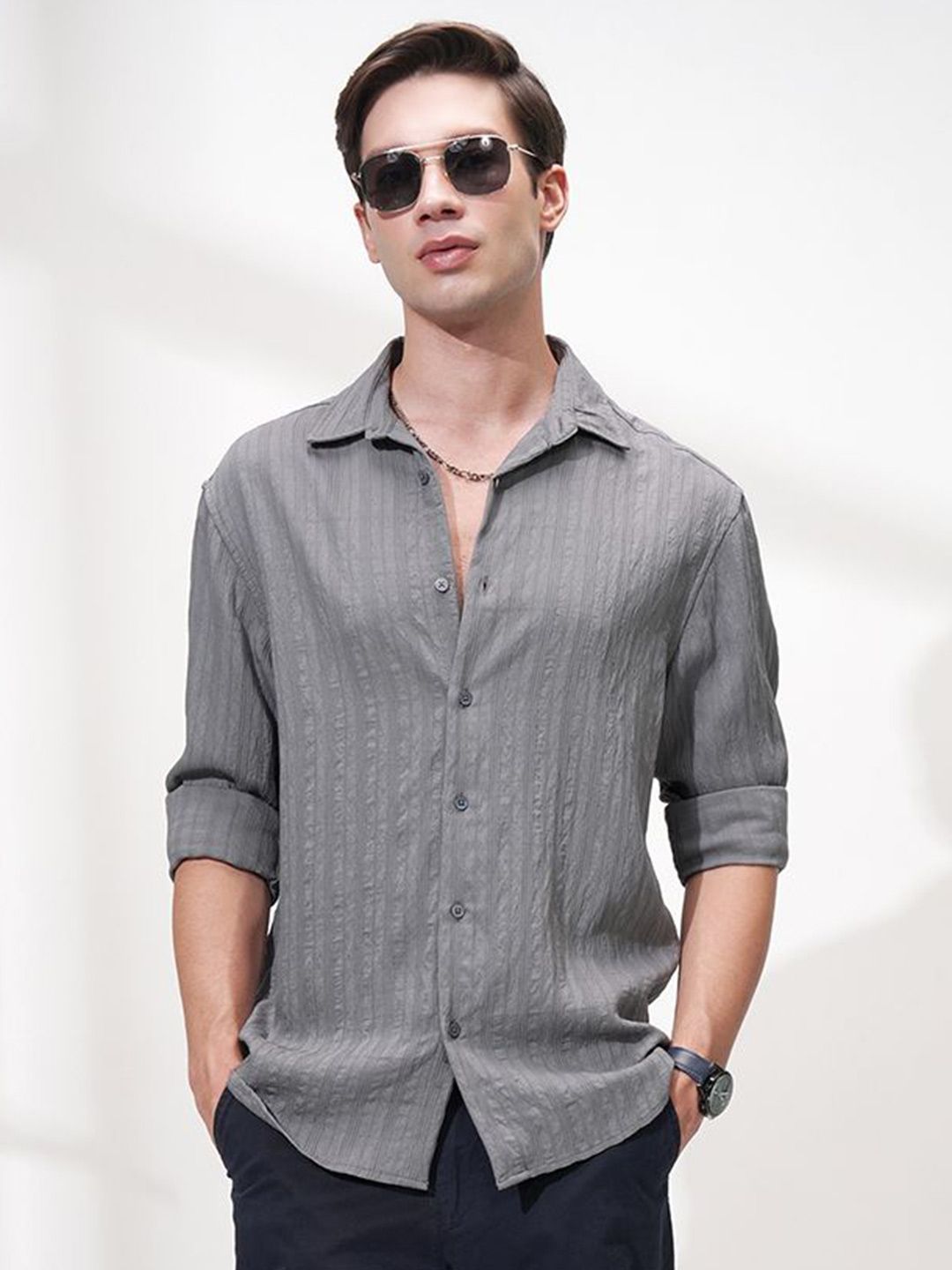 HIGHLANDER Men Comfort Opaque Striped Casual Regular Fit Shirt