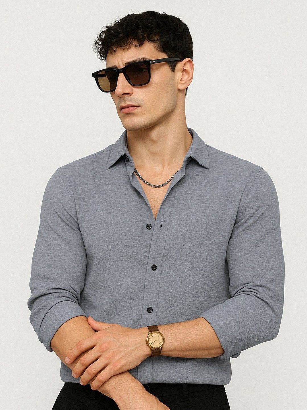 VORTEX Men Original Fit Textured Spread Collar Casual Shirt