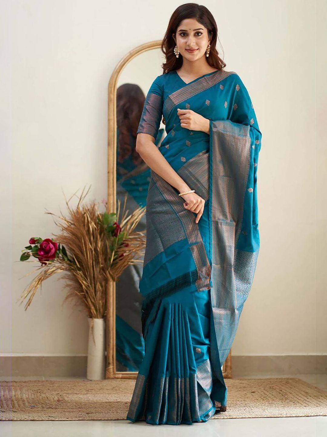 KALINI Women Blue Woven Design Silk Blend Banarasi Saree