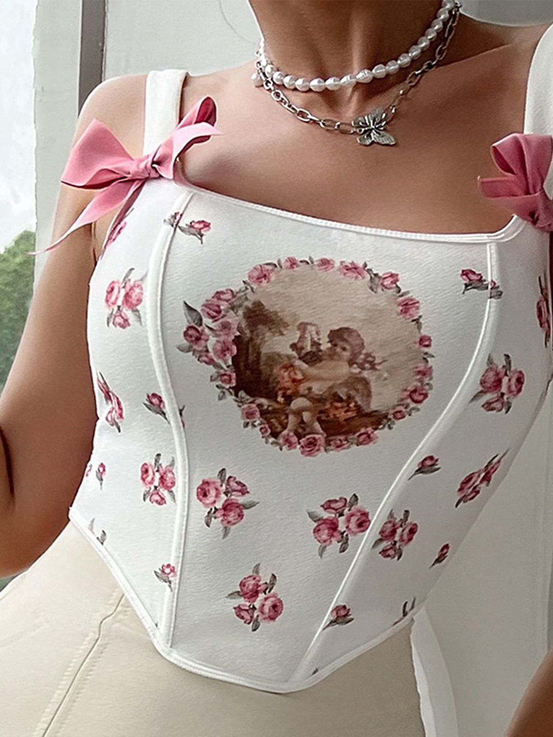 LULU & SKY Floral Printed Square Neck Corset Crop Top