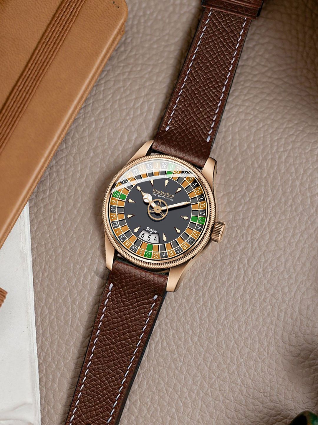 DOUBLERUN Men Dial & Leather Straps Analogue Multi Function Watch H05N12016