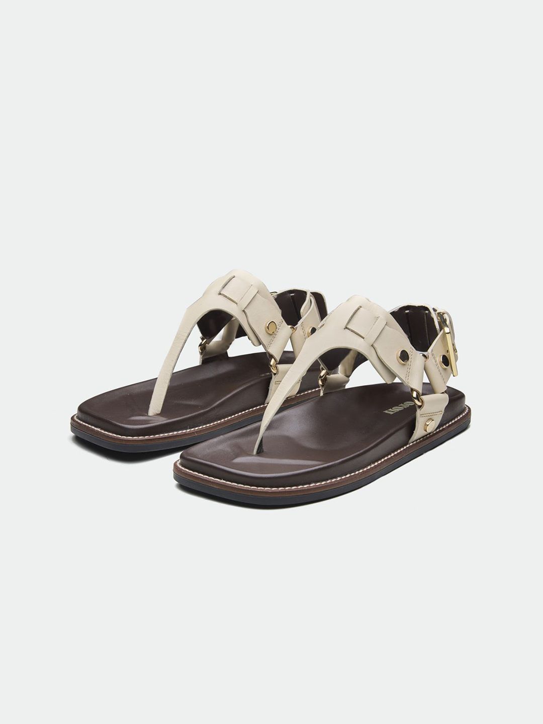 Oroh Women Solid Leather Square Toe T-Strap Flats with Buckles
