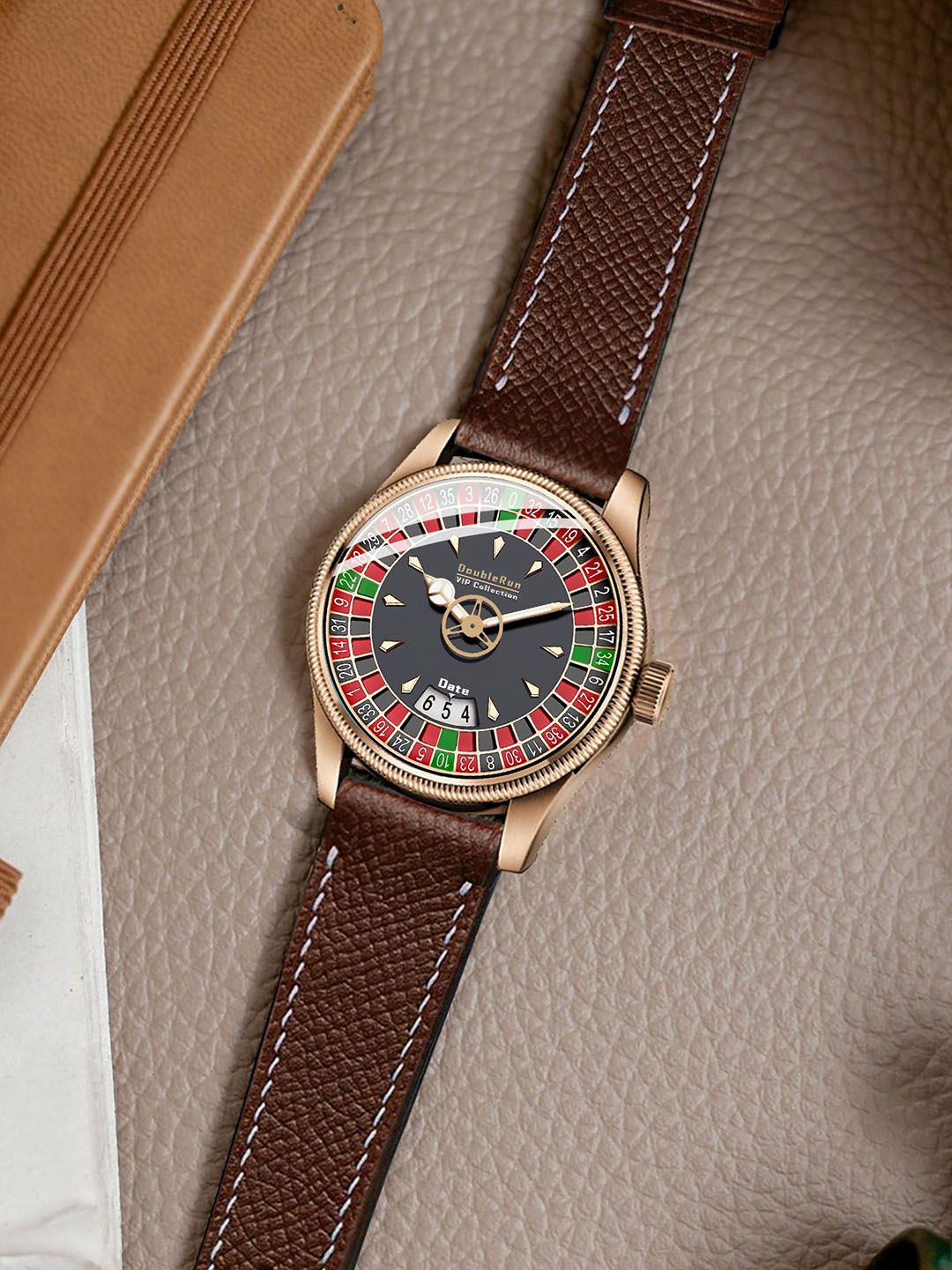 DOUBLERUN Men Dial & Leather Bracelet Style Straps Analogue Multi Function Watch H05N12014