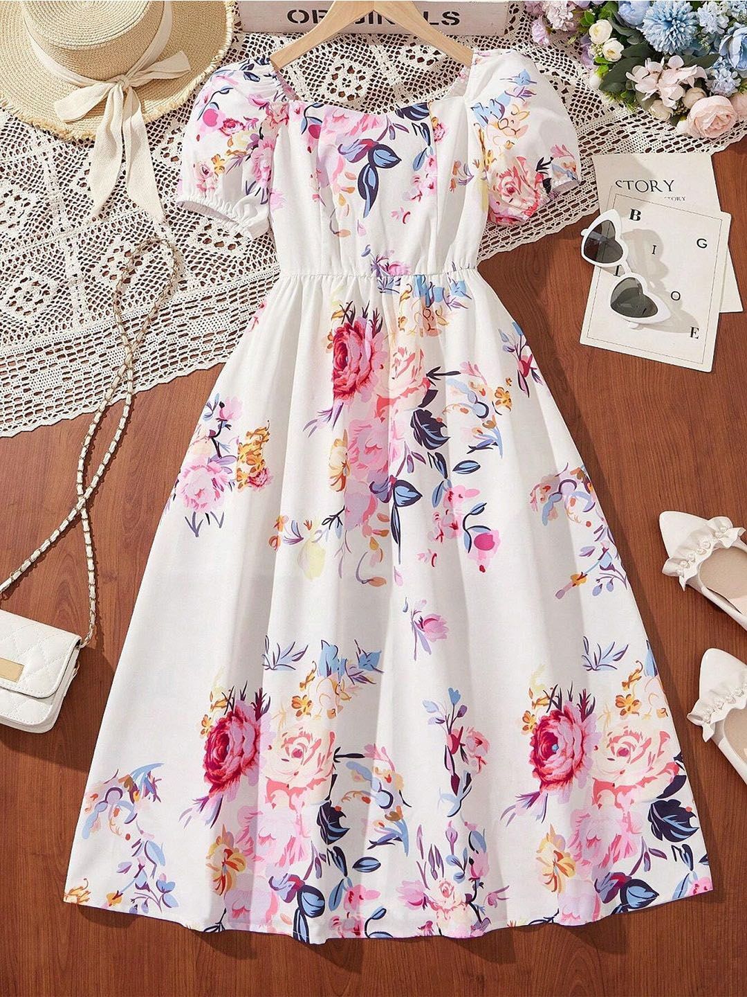 White World Kids-Girls Floral Printed Puff Sleeves Fit & Flare Maxi Dress