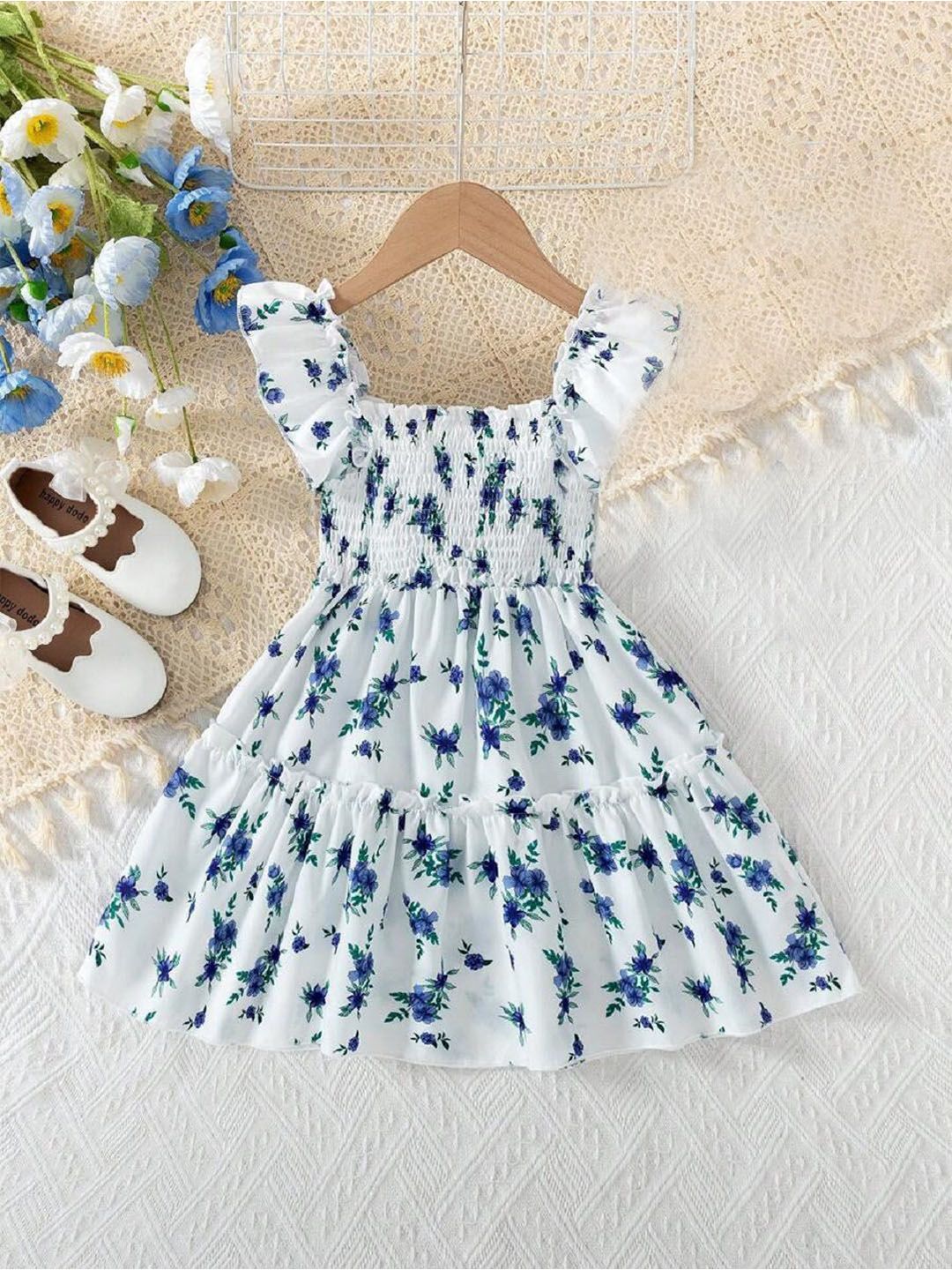 White World Girls Floral Printed Square Neck Fit & Flare Dress
