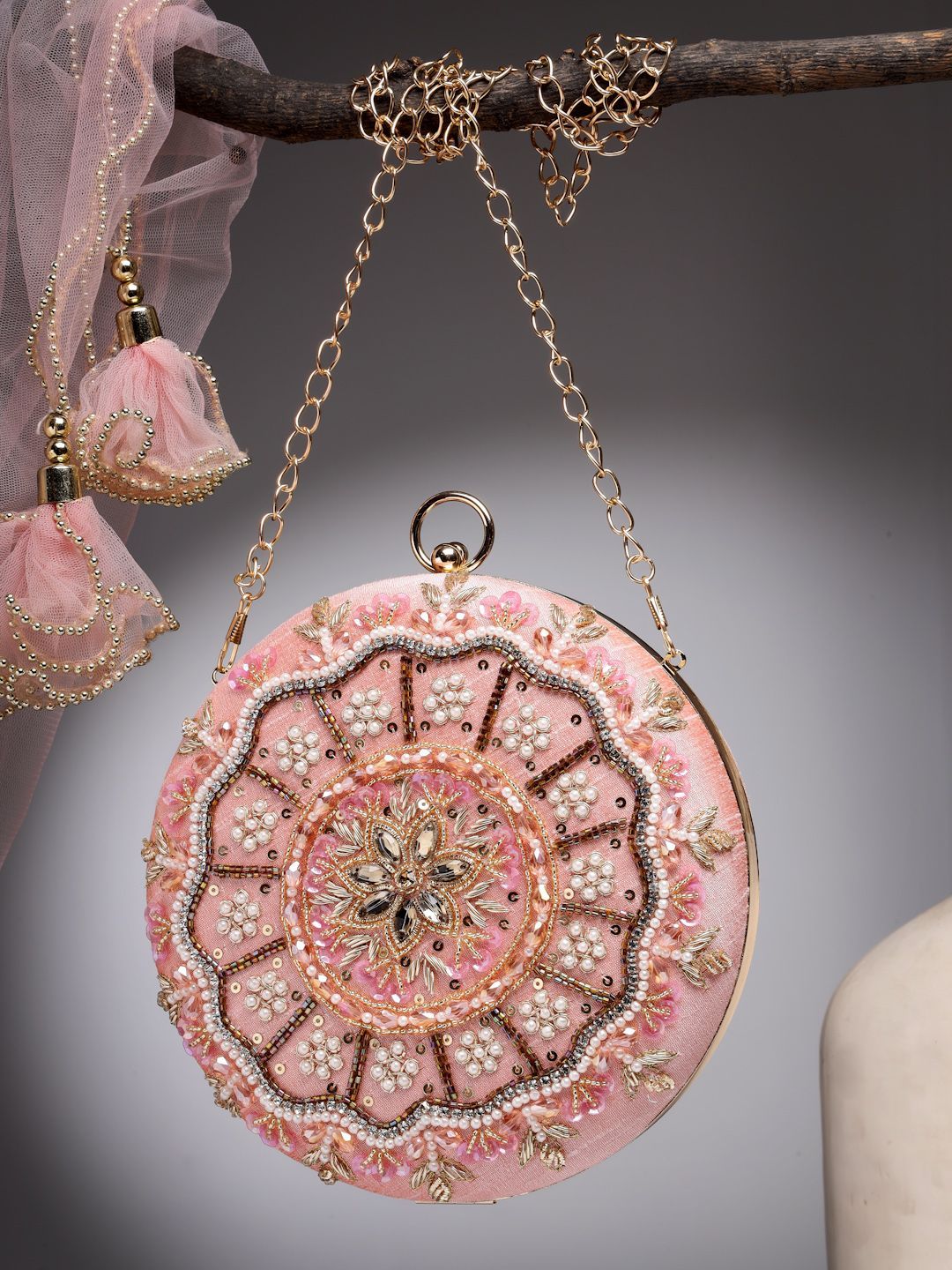 Anekaant Adorn Dusty Coral & Multi Floral Embellished Faux Silk Clutch