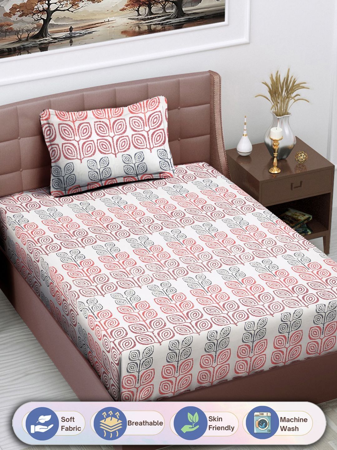 Buy Myntra Elegant Homes White Floral Cotton Breathable 300 TC Single Fine Bedsheet With A Pillow Cover 89 X 59 Inches -  - Home for Unisex