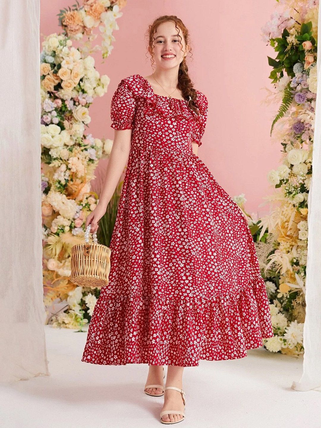 White World Girls Floral Print Fit & Flare Maxi Dress