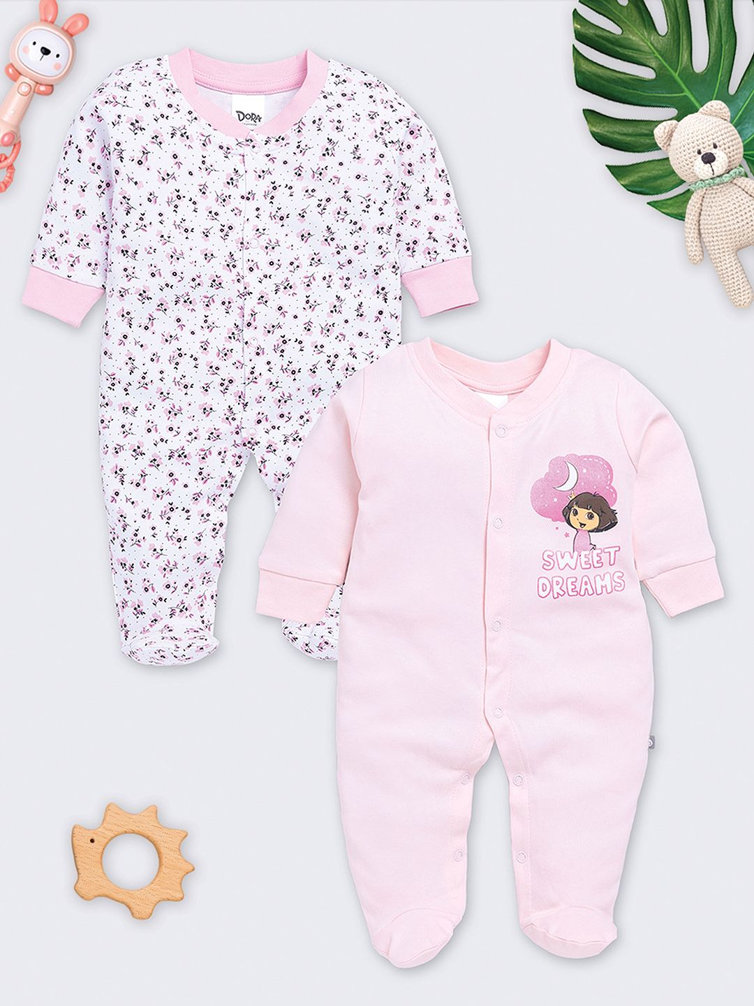 YK X Tinyo Infant Girls Pack of 2 Printed Pure Cotton Sleepsuits