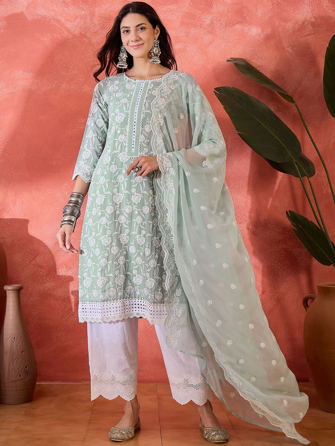Sangria Embroidered Pure Cotton Straight Kurta & Trousers With Dupatta