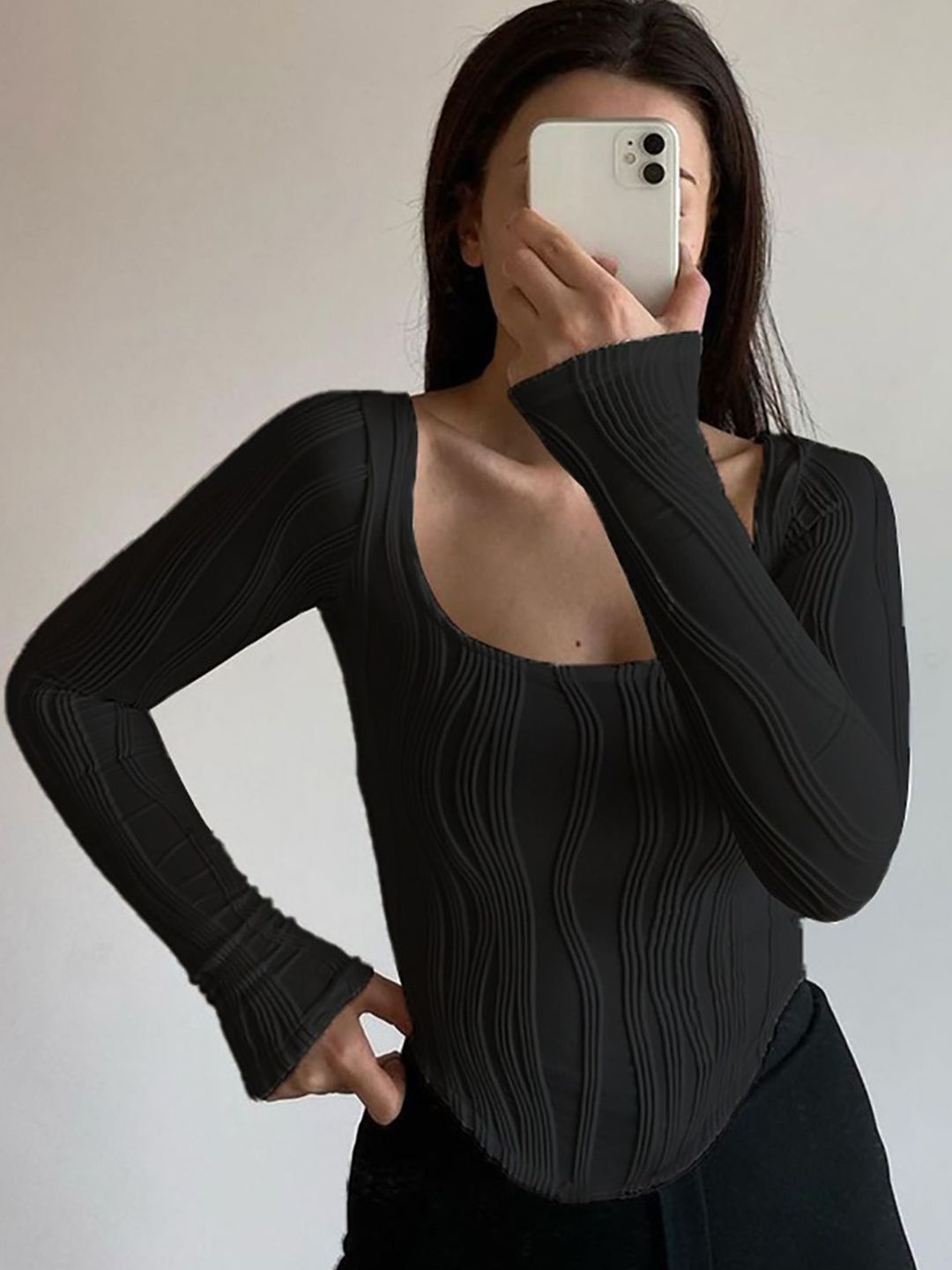 StyleCast x Revolte Self Design Square Neck Fitted Top