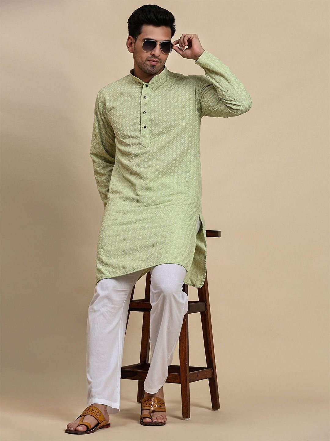 Pro-Ethic STYLE DEVELOPER Geometric Embroidered Mandarin Collar Sequinned Cotton Kurta
