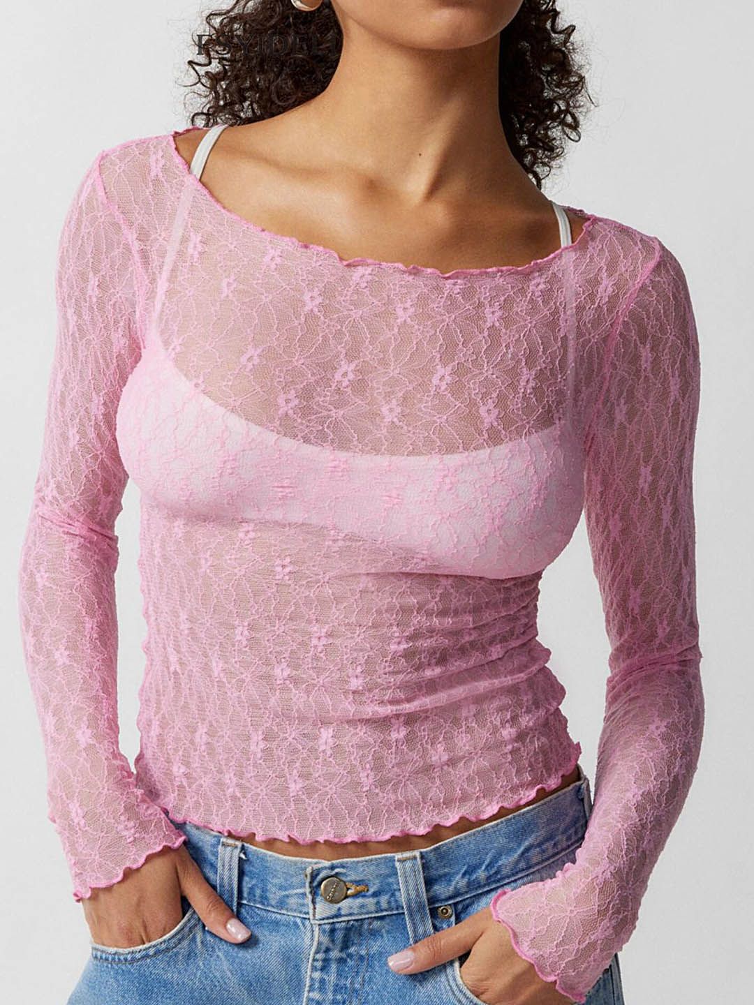 LULU & SKY Long Sleeves Sheer Lace Top