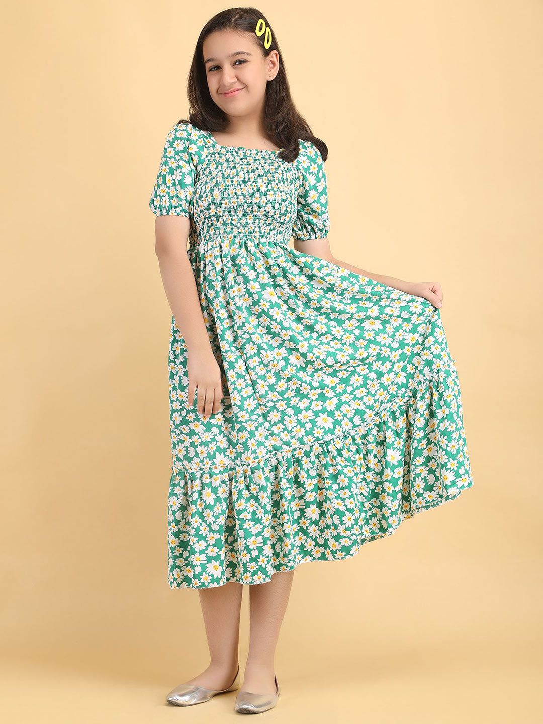 PaheliRani Girls Floral Printed Fit and Flare Midi Dress