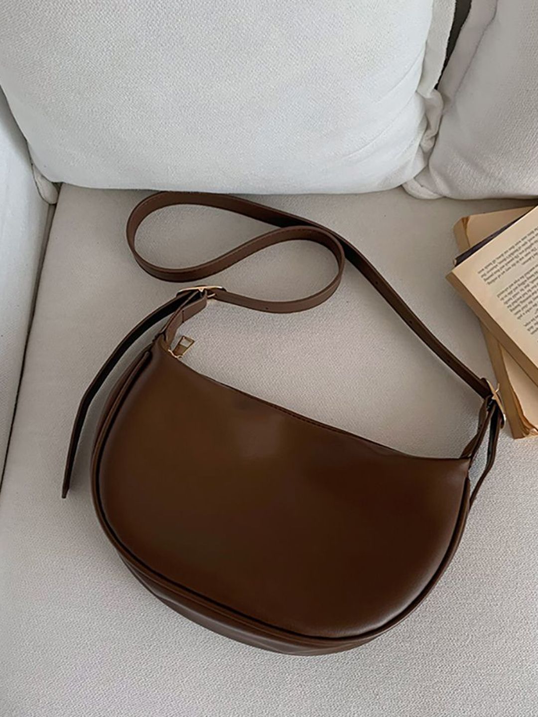 StyleCast x Revolte Solid Buckle Detail Small Half Moon Hobo Bag