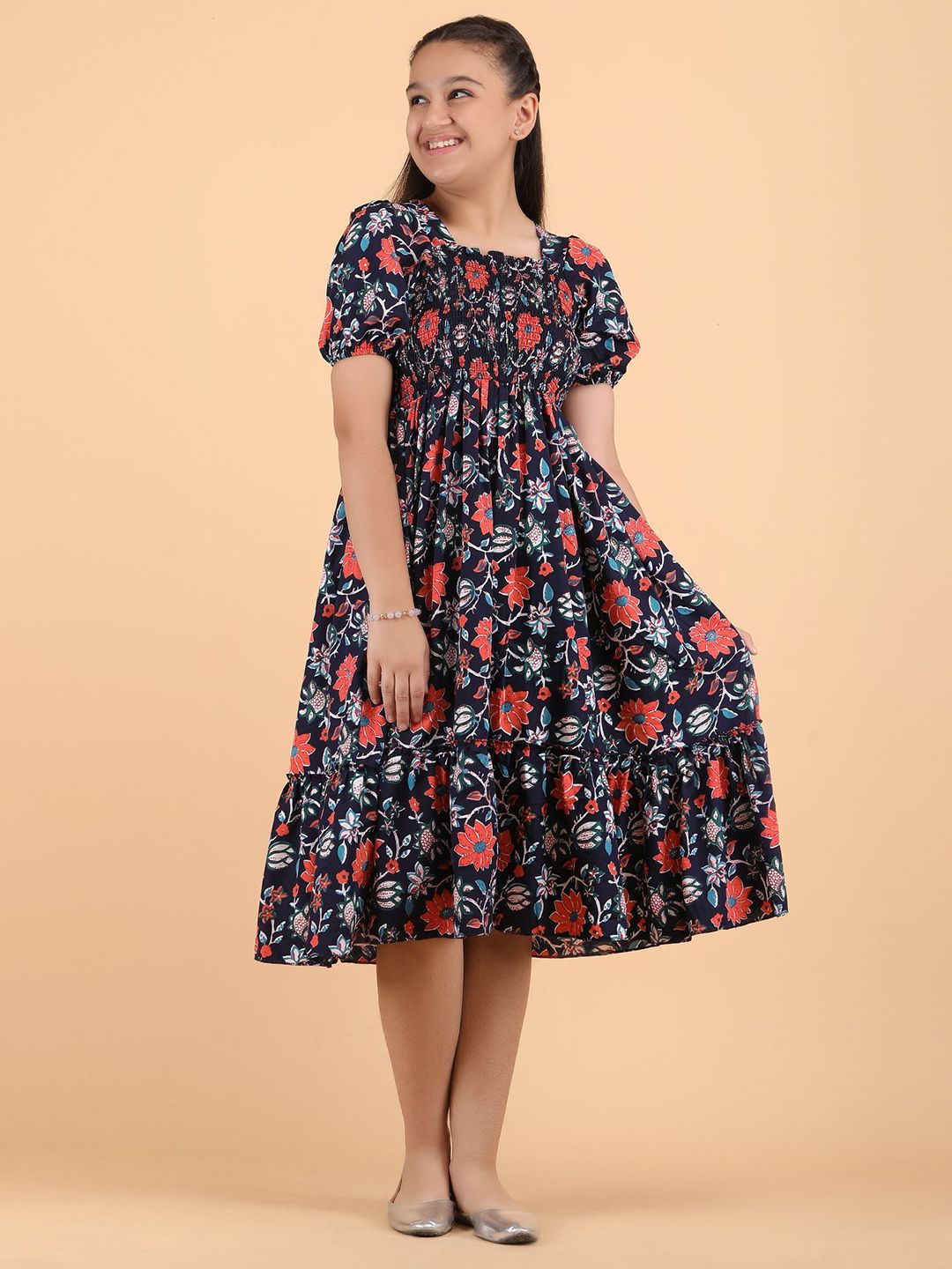 PaheliRani Puff Sleeve Crepe Formal Fit & Flare Dress