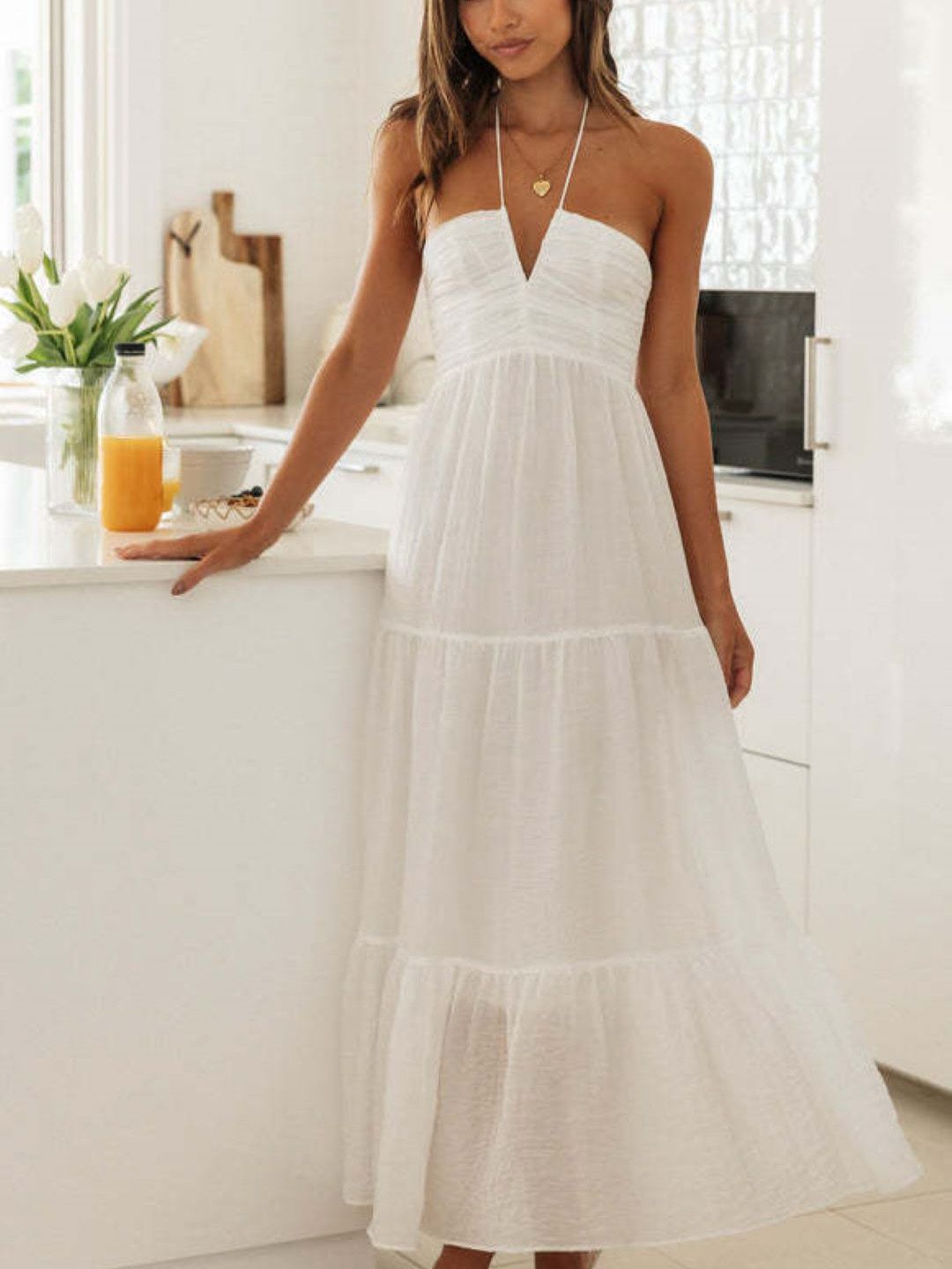 White Women Shoulder Straps Tiered Chiffon Maxi Dress