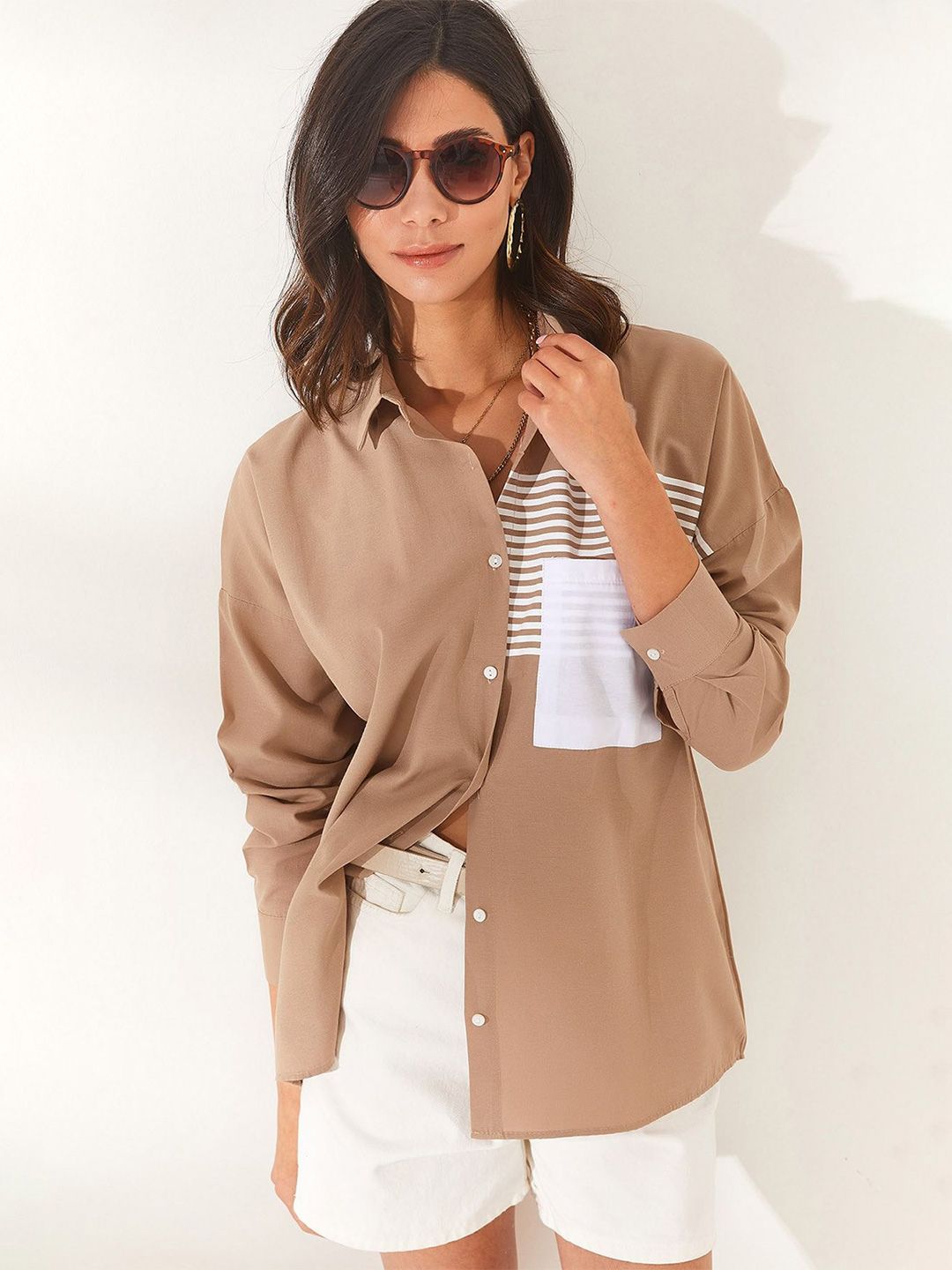 Olalook Women Oversized Fit Horizontal Striped Spread Collar Cotton Casual Shirt